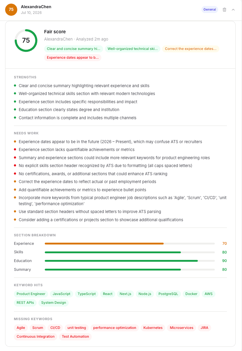 ATS score checker with section breakdown